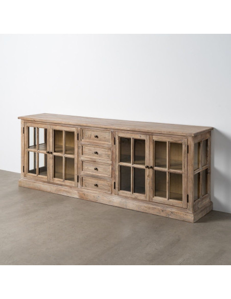 Grand Buffet Enfilade vitrine campagne chic Bas 4 portes 4 tiroirs 220 cm Bois de pin recyclé Naturel Verre Transparent Lysorio 