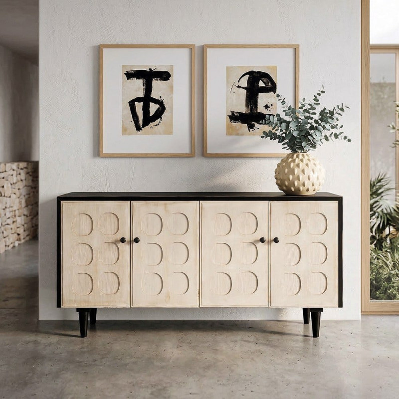 Buffet Enfilade art déco graphique Bas 4 portes Bois recyclé Noir Beige Vieilli Ornelyana 