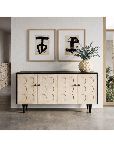 Buffet Enfilade art déco graphique Bas 4 portes Bois recyclé Noir Beige Vieilli Ornelyana 