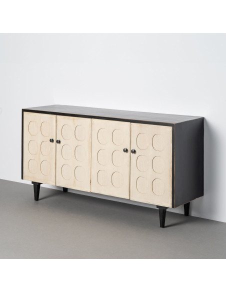 Buffet Enfilade art déco graphique Bas 4 portes Bois recyclé Noir Beige Vieilli Ornelyana 