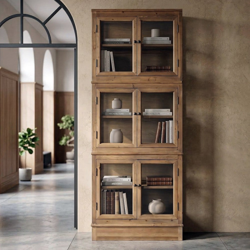 Grand Buffet Vaisselier campagne moderne Haut 6 portes Bois recyclé Naturel Verre Transparent Montelvina 