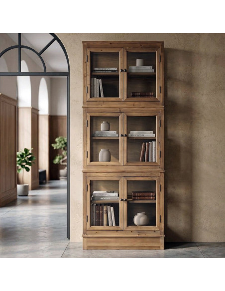 Grand Buffet Vaisselier campagne moderne Haut 6 portes Bois recyclé Naturel Verre Transparent Montelvina 