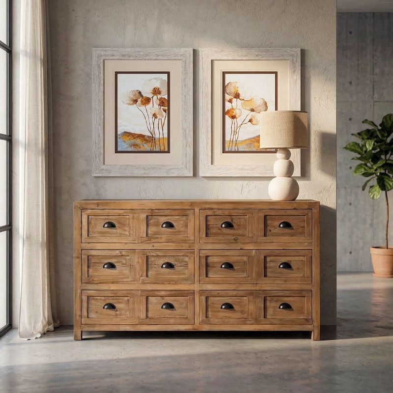 Grande Commode style vintage industriel 6 tiroirs Bois recyclé Naturel Ateliora 