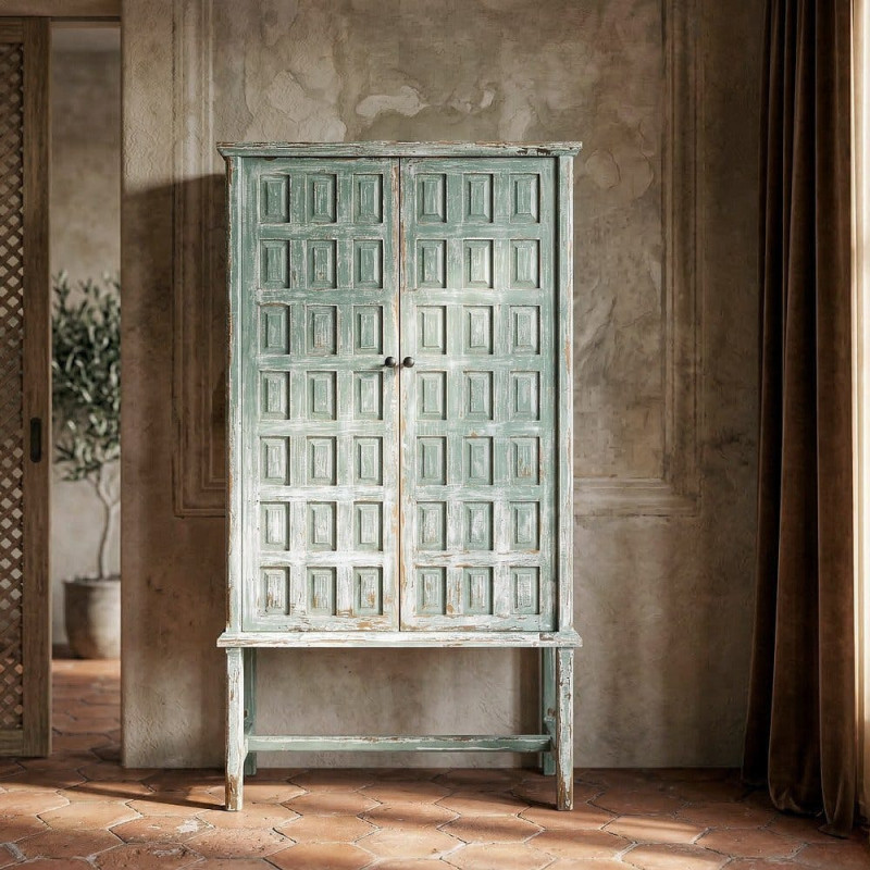 Grand Buffet bohème ethnique Haut 2 portes Bois recyclé Vert Patiné Verdenzio 