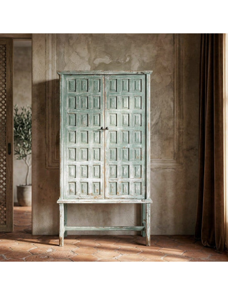 Grand Buffet bohème ethnique Haut 2 portes Bois recyclé Vert Patiné Verdenzio 