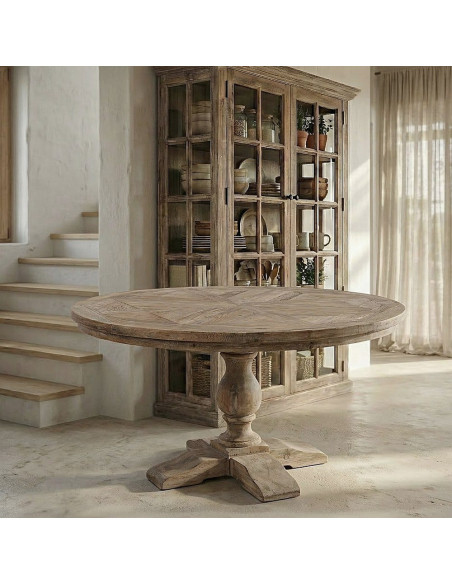 Table à manger campagne chic Ronde 6 personnes 140 cm Bois de pin recyclé Naturel Riverla 