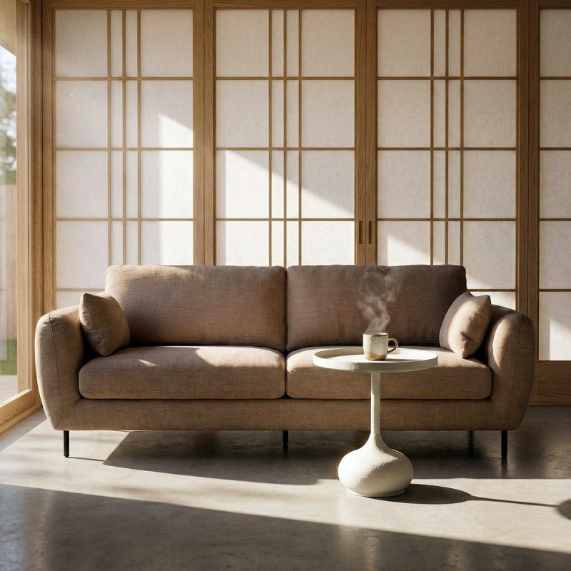 Canapé design moderne aux lignes arrondies Droit 3 places 229 cm Tissu Marron clair Métal Noir Kaviro 