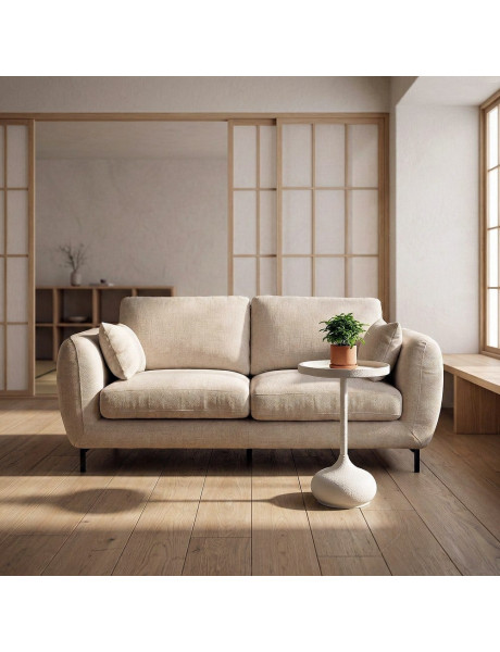 Canapé design moderne aux lignes arrondies Droit 2 places 189 cm Tissu Blanc crème Métal Noir Kaviro 