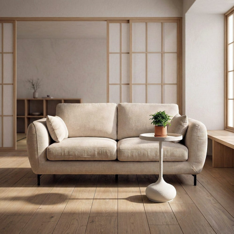 Canapé design moderne aux lignes arrondies Droit 2 places 189 cm Tissu Blanc crème Métal Noir Kaviro 