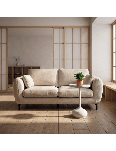 Canapé design moderne aux lignes arrondies Droit 2 places 189 cm Tissu Blanc crème Métal Noir Kaviro 