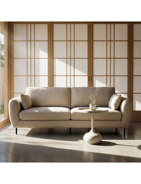 Canapé design moderne aux lignes arrondies Droit 3 places 229 cm Tissu Blanc crème Métal Noir Kaviro 