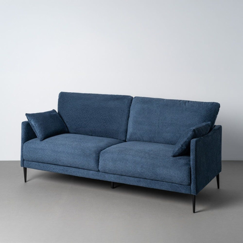 Canapé design moderne esprit seventies bouclette Droit 3 places 191 cm Tissu Bleu Bois d'eucalyptus Neroko 