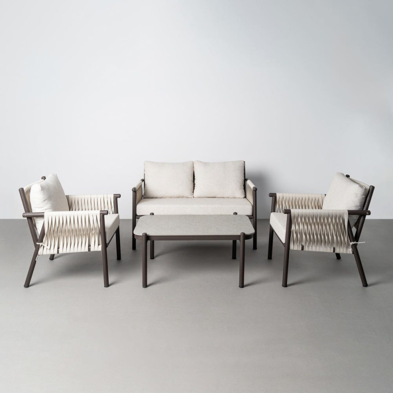 Salon de jardin design lounge détente 4 places Métal Anthracite Rotin synthétique Tressé Tissu Beige Rivagea 