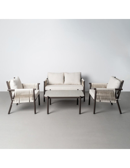 Salon de jardin design lounge détente 4 places Métal Anthracite Rotin synthétique Tressé Tissu Beige Rivagea 