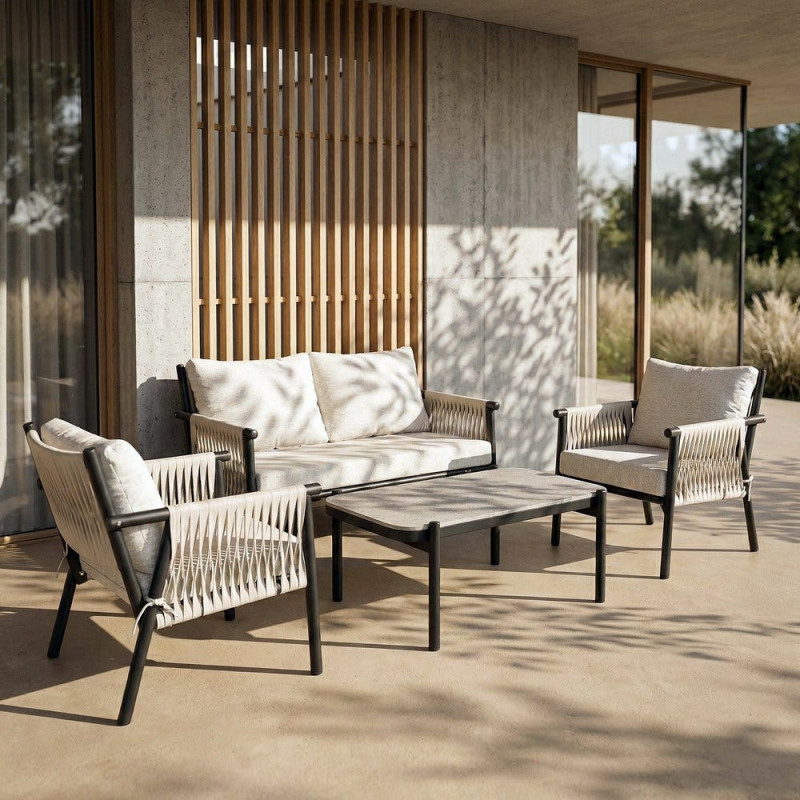 Salon de jardin design lounge détente 4 places Métal Anthracite Rotin synthétique Tressé Tissu Beige Rivagea 