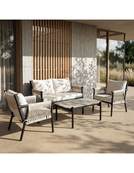 Salon de jardin design lounge détente 4 places Métal Anthracite Rotin synthétique Tressé Tissu Beige Rivagea 