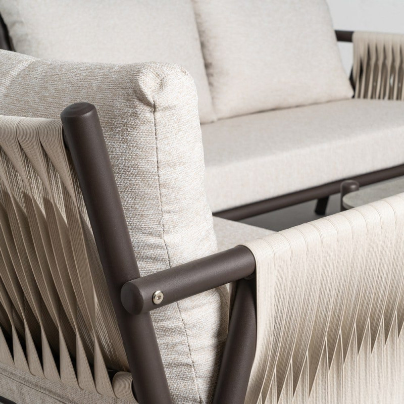 Salon de jardin design lounge détente 4 places Métal Anthracite Rotin synthétique Tressé Tissu Beige Rivagea 