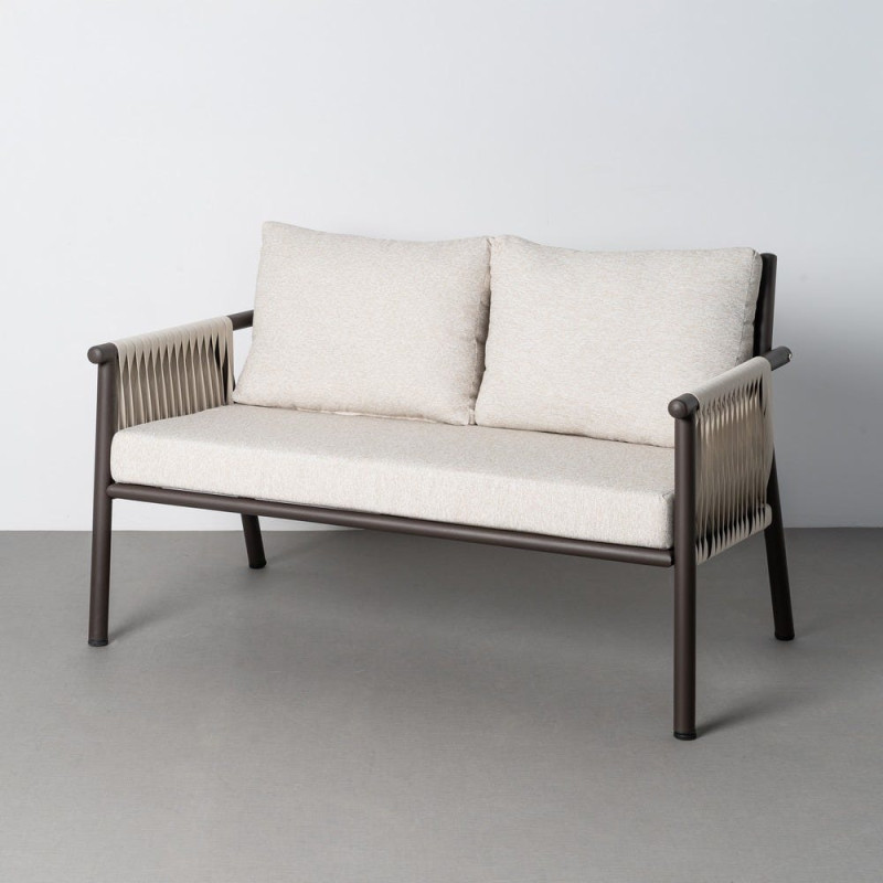 Salon de jardin design lounge détente 4 places Métal Anthracite Rotin synthétique Tressé Tissu Beige Rivagea 