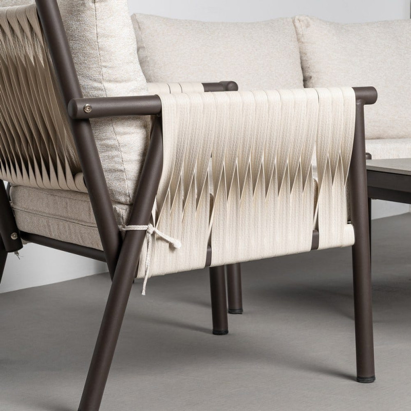 Salon de jardin design lounge détente 4 places Métal Anthracite Rotin synthétique Tressé Tissu Beige Rivagea 