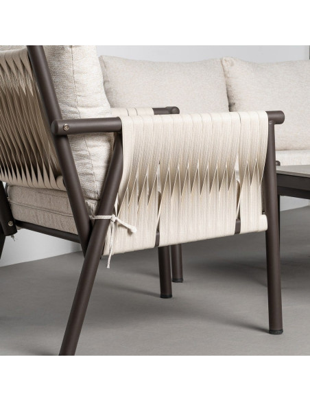 Salon de jardin design lounge détente 4 places Métal Anthracite Rotin synthétique Tressé Tissu Beige Rivagea 