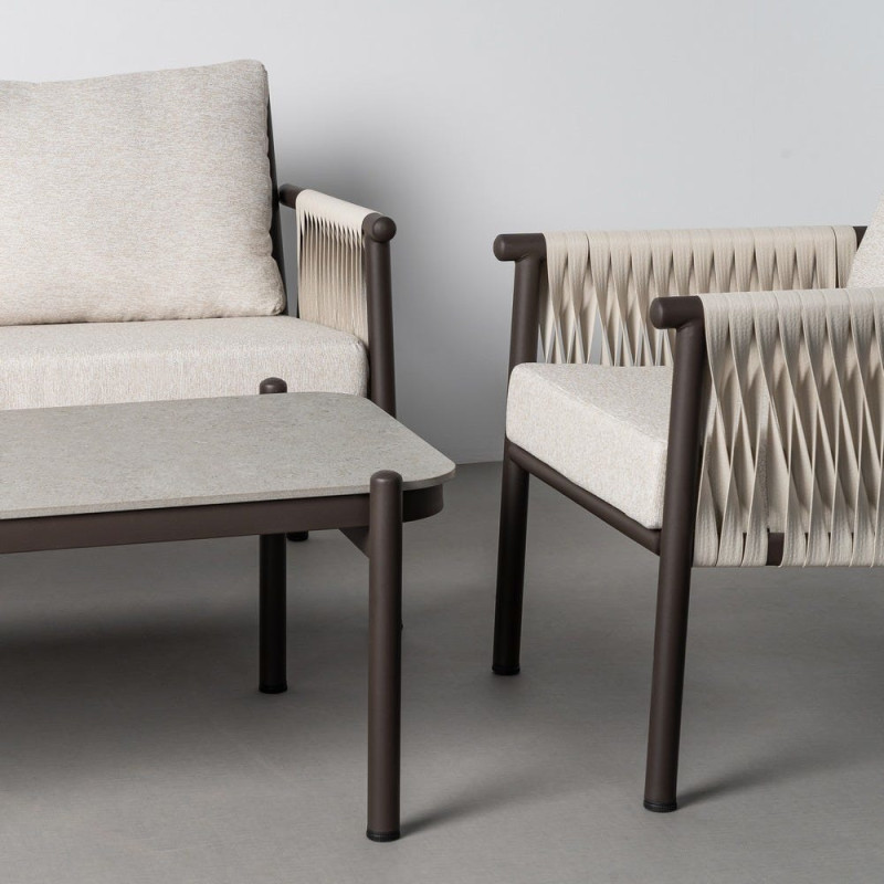 Salon de jardin design lounge détente 4 places Métal Anthracite Rotin synthétique Tressé Tissu Beige Rivagea 