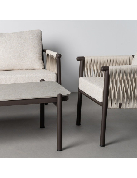 Salon de jardin design lounge détente 4 places Métal Anthracite Rotin synthétique Tressé Tissu Beige Rivagea 