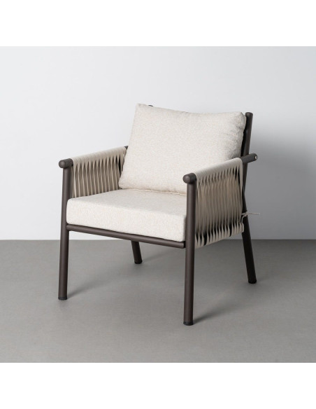 Salon de jardin design lounge détente 4 places Métal Anthracite Rotin synthétique Tressé Tissu Beige Rivagea 