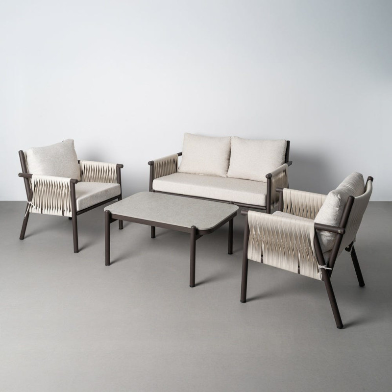 Salon de jardin design lounge détente 4 places Métal Anthracite Rotin synthétique Tressé Tissu Beige Rivagea 
