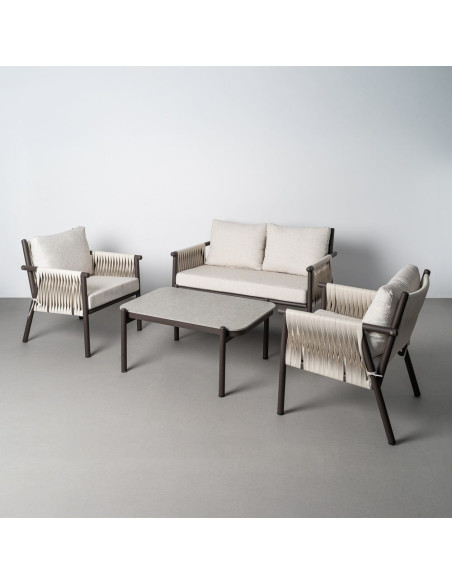 Salon de jardin design lounge détente 4 places Métal Anthracite Rotin synthétique Tressé Tissu Beige Rivagea 