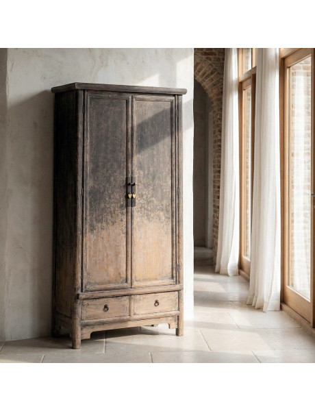 Armoire design campagne chic 2 portes 2 tiroirs Bois de pin recyclé Marron Vieilli Héritia 