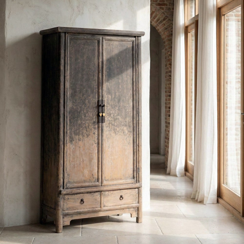 Armoire design campagne chic 2 portes 2 tiroirs Bois de pin recyclé Marron Vieilli Héritia 