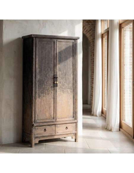 Armoire design campagne chic 2 portes 2 tiroirs Bois de pin recyclé Marron Vieilli Héritia 