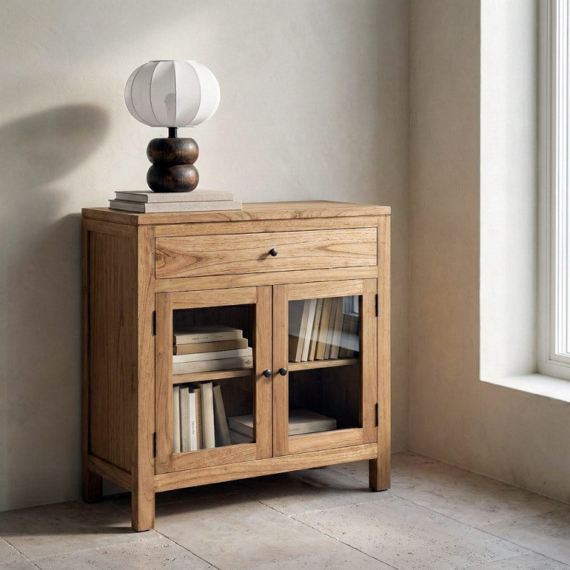 Buffet Vitrine scandinave moderne Bas 2 portes 1 tiroir Bois de mindi Naturel Verre Transparent Mindi 