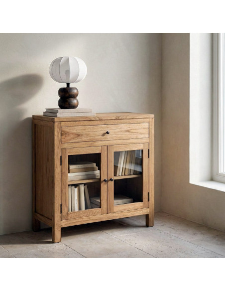 Buffet Vitrine scandinave moderne Bas 2 portes 1 tiroir Bois de mindi Naturel Verre Transparent Mindi 