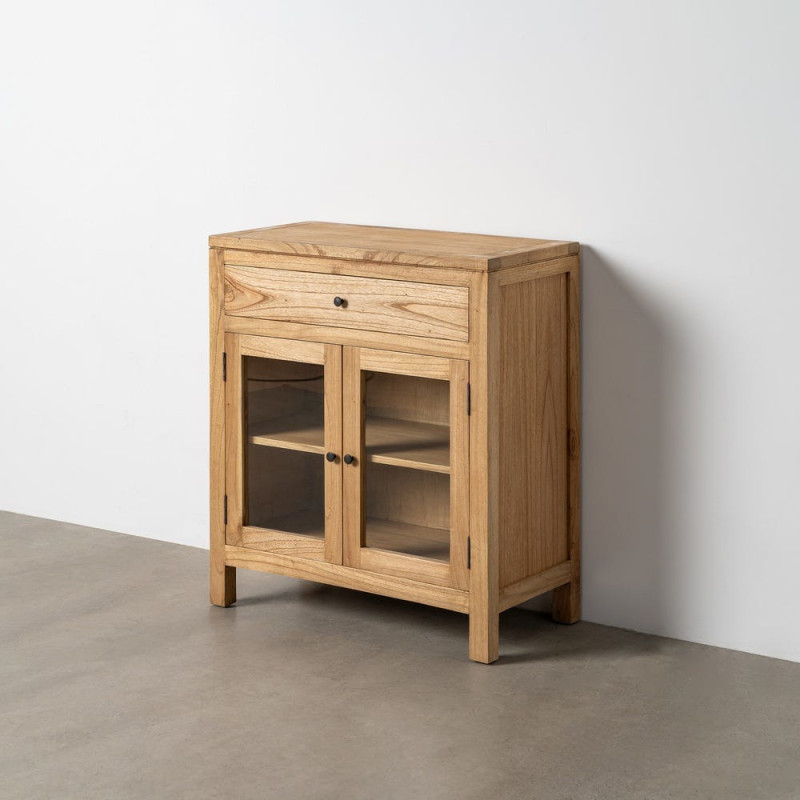 Buffet Vitrine scandinave moderne Bas 2 portes 1 tiroir Bois de mindi Naturel Verre Transparent Mindi 