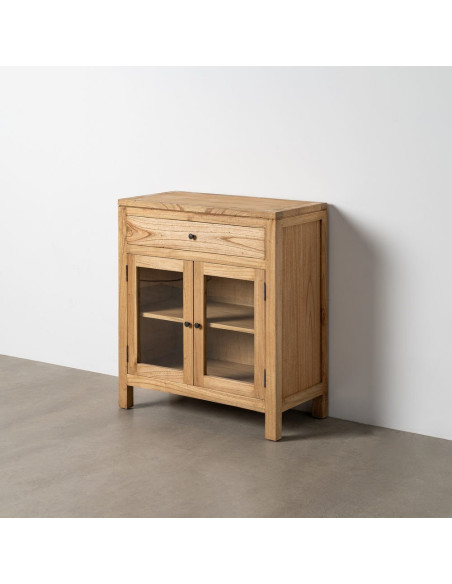 Buffet Vitrine scandinave moderne Bas 2 portes 1 tiroir Bois de mindi Naturel Verre Transparent Mindi 