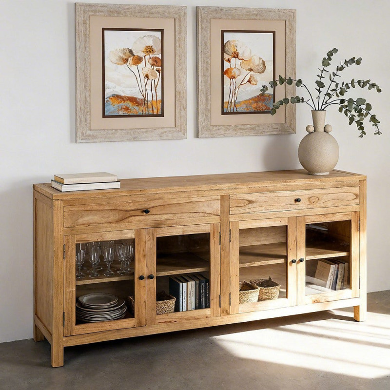 Grand Buffet Vitrine scandinave moderne Bas 4 portes 2 tiroirs 160 cm Bois de mindi Naturel Verre Transparent Mindi 