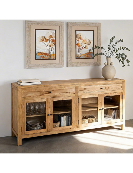 Grand Buffet Vitrine scandinave moderne Bas 4 portes 2 tiroirs 160 cm Bois de mindi Naturel Verre Transparent Mindi 