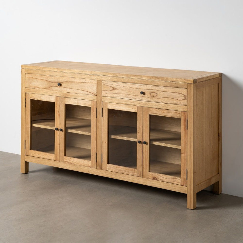 Grand Buffet Vitrine scandinave moderne Bas 4 portes 2 tiroirs 160 cm Bois de mindi Naturel Verre Transparent Mindi 