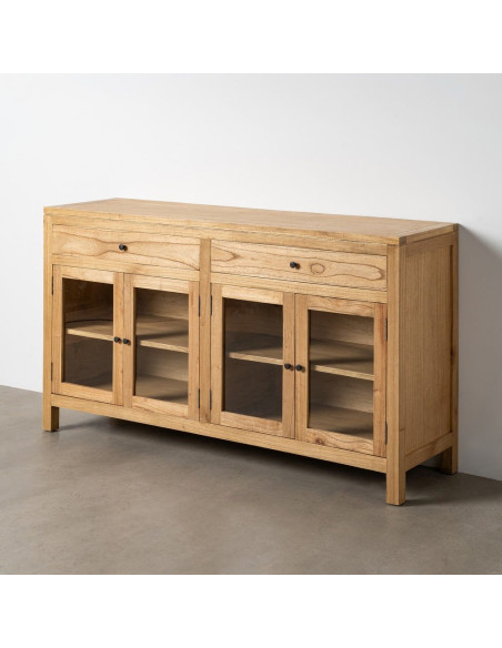 Grand Buffet Vitrine scandinave moderne Bas 4 portes 2 tiroirs 160 cm Bois de mindi Naturel Verre Transparent Mindi 