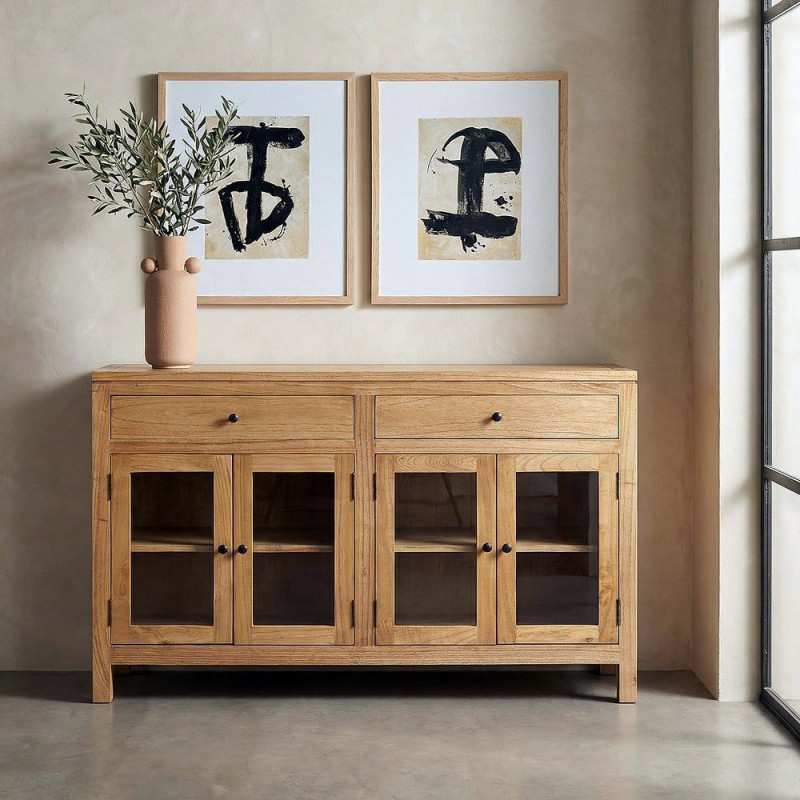 Grand Buffet Vitrine scandinave moderne Bas 4 portes 2 tiroirs 140 cm Bois de mindi Naturel Verre Transparent Mindi 