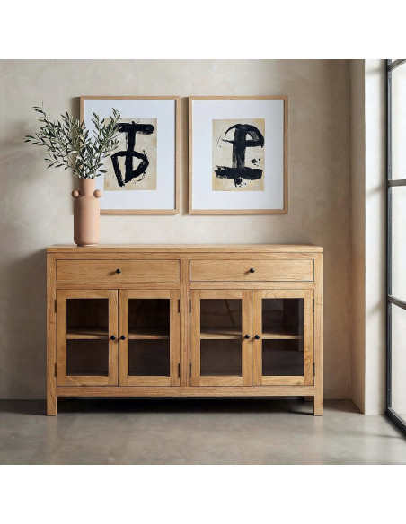 Grand Buffet Vitrine scandinave moderne Bas 4 portes 2 tiroirs 140 cm Bois de mindi Naturel Verre Transparent Mindi 