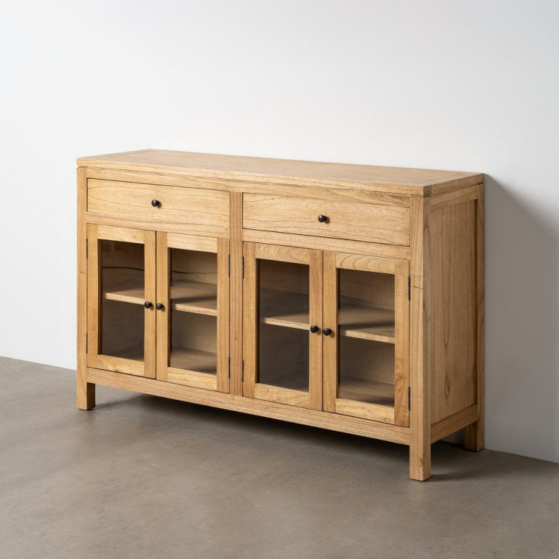 Grand Buffet Vitrine scandinave moderne Bas 4 portes 2 tiroirs 140 cm Bois de mindi Naturel Verre Transparent Mindi 