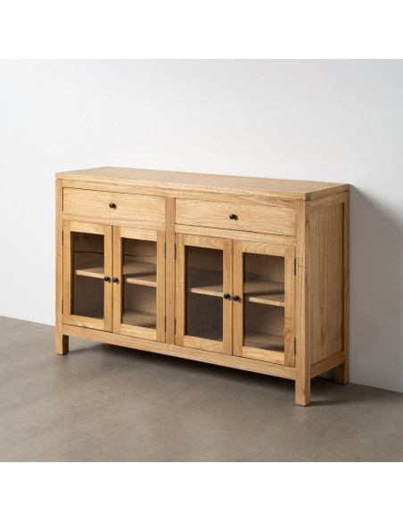 Grand Buffet Vitrine scandinave moderne Bas 4 portes 2 tiroirs 140 cm Bois de mindi Naturel Verre Transparent Mindi 