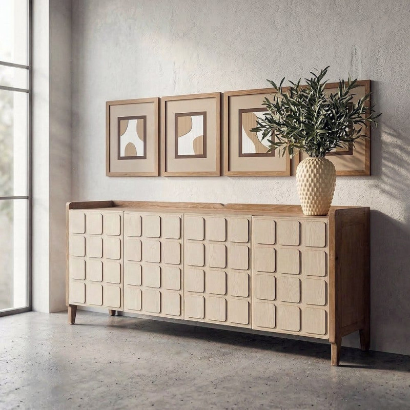 Buffet Enfilade rétro scandinave Bas 4 portes Bois recyclé Naturel Beige Vieilli Motif géométrique Cubéra 