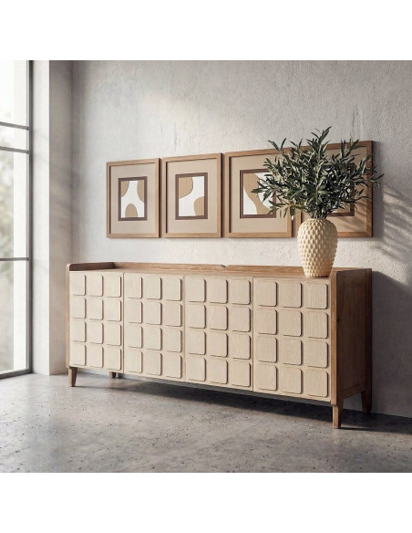Buffet Enfilade rétro scandinave Bas 4 portes Bois recyclé Naturel Beige Vieilli Motif géométrique Cubéra 