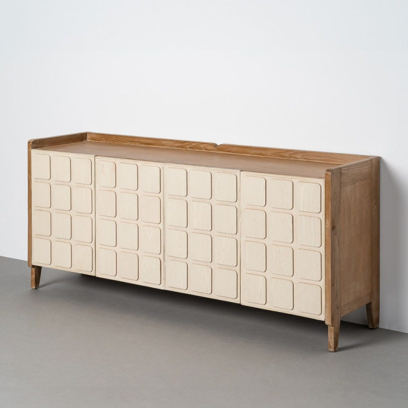 Buffet Enfilade rétro scandinave Bas 4 portes Bois recyclé Naturel Beige Vieilli Motif géométrique Cubéra 