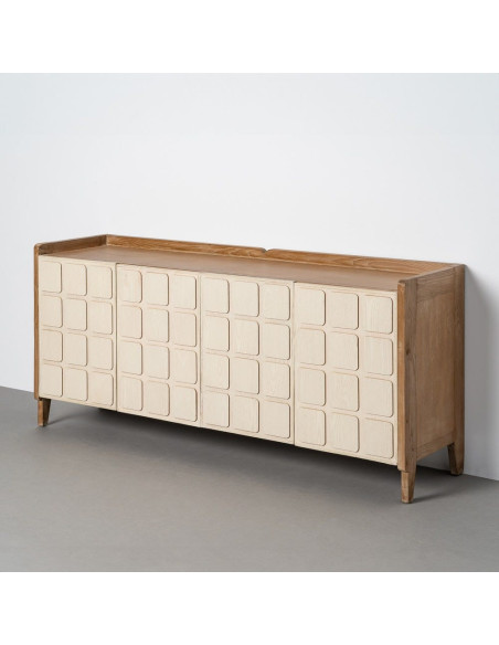Buffet Enfilade rétro scandinave Bas 4 portes Bois recyclé Naturel Beige Vieilli Motif géométrique Cubéra 