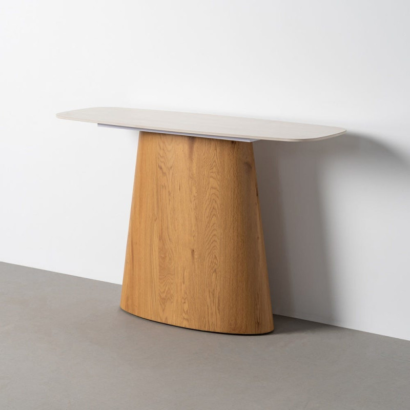 Console design minimaliste sculpturale Arrondie 120 cm Pierre frittée artificielle Beige Bois MDF Papier Naturel Effet bois Orév