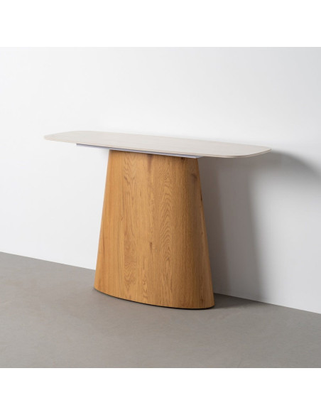 Console design minimaliste sculpturale Arrondie 120 cm Pierre frittée artificielle Beige Bois MDF Papier Naturel Effet bois Orév